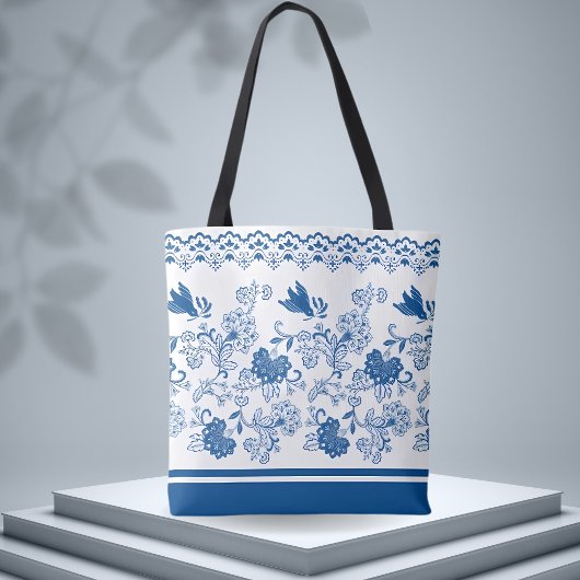 Blauw Bloemen & Vogelpatroon – Natuur-geïnspireerd Tote Bag