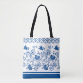 Blauw Bloemen & Vogelpatroon – Natuur-geïnspireerd Tote Bag (Voorkant)
