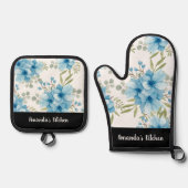 Blauw Bloemen Waterverf groen Script personalisere Ovenwant & Pannenlap Set (Voorkant)
