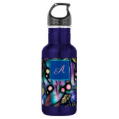 Blauw Bloemen Waterverf Monogram Waterfles (Voorkant)