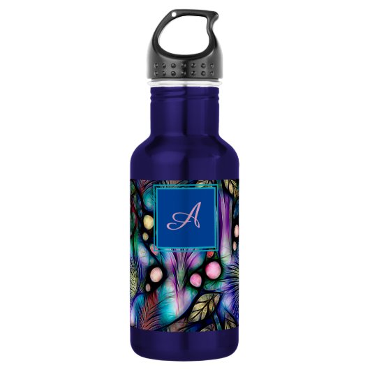 Blauw Bloemen Waterverf Monogram Waterfles (Voorkant)