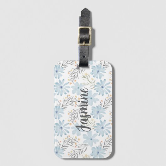 Blauw Bloemen Waterverf Patroon Custom Monogram Bagagelabel (Voorkant (verticaal))