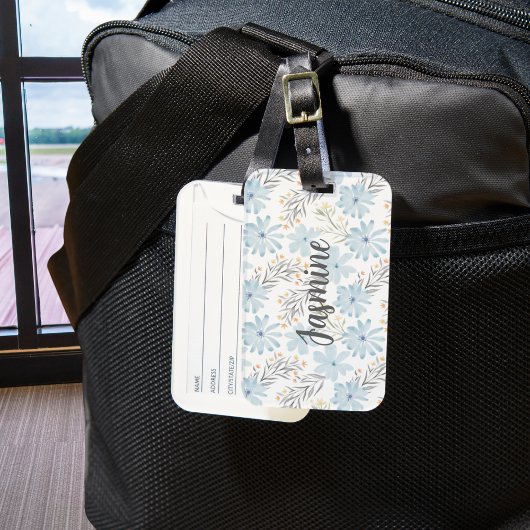 Blauw Bloemen Waterverf Patroon Custom Monogram Bagagelabel