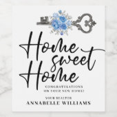 Blauw Bloemen Waterverf Sleutel Realtor Sluitingsg Wijn Etiket (Enkel label)