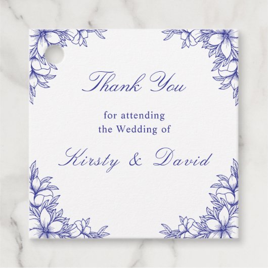 Blauw Bloemen Wedding Favoriet Labels (Voorkant)