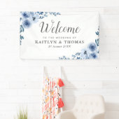 Blauw Bloemen Welkomstbruiloft Spandoek (Insitu)