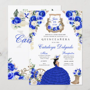Blauw Bloemen Western Mariachi Charro Quinceañera Kaart