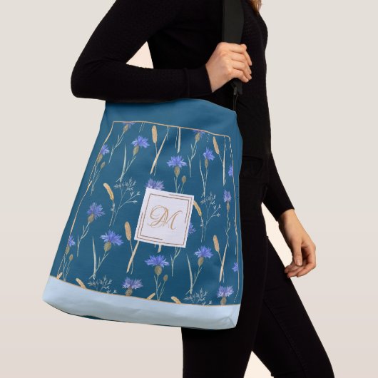 Blauw Bloemen Wildbloem Gepersonaliseerd Monogram Crossbody Tas (Dichtbij)