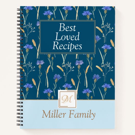 Blauw Bloemen Wildbloem Mongoram Recept Notitieboek (Voorkant)