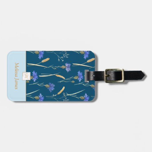 Blauw Bloemen Wildbloem Monogram Bagagelabel (Voorkant horizontaal)