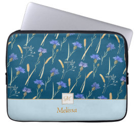 Blauw Bloemen Wildbloem Monogram Laptop Sleeve