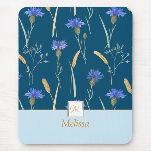 Blauw Bloemen Wildbloem Monogram Muismat (Voorkant)