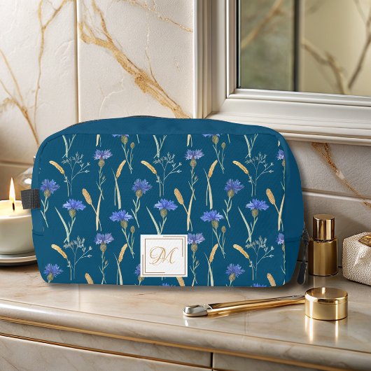 Blauw Bloemen Wildbloem Monogram Toilettasje
