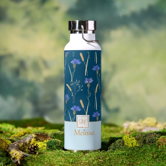 Blauw Bloemen Wildbloem Monogram Waterfles (Buiten)