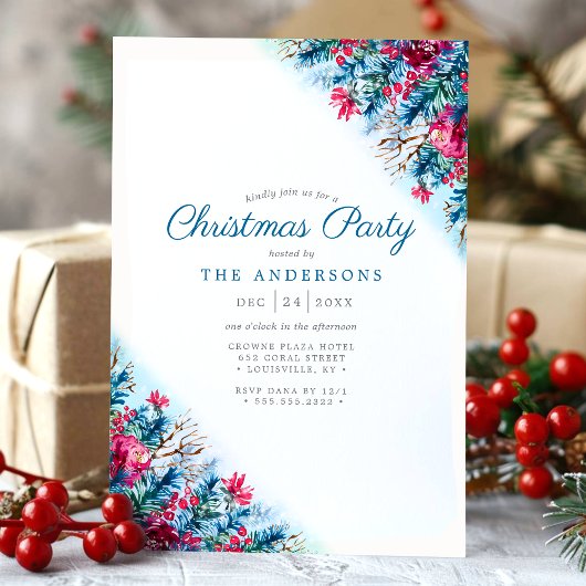 Blauw Bloemen Winter Foliage Kerstfeest Kaart