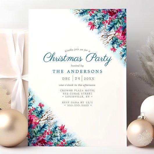 Blauw Bloemen Winter Foliage Kerstfeest Kaart