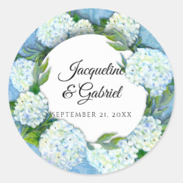 Blauw Bloemen Wit Hydrangea Blad Damast Bruiloft Ronde Sticker