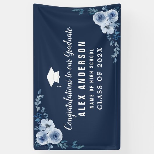Blauw Bloemen Wit Tekst afstuderen Banner (Verticaal)