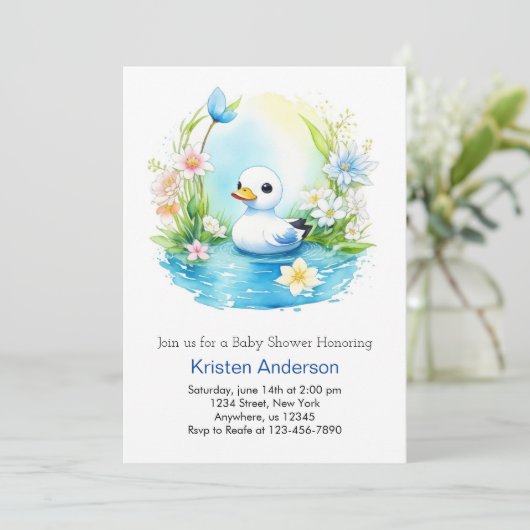 Blauw Bloemen Zalig Duck Boy Baby shower Kaart (Staand voorkant)