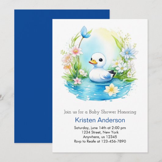 Blauw Bloemen Zalig Duck Boy Baby shower Kaart (Voorkant / Achterkant)