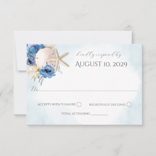Blauw Bloemen Zand Dollar Strand Bruiloft Uitnodig Kaart (Voorkant)