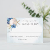 Blauw Bloemen Zand Dollar Strand Bruiloft Uitnodig Kaart (Staand voorkant)