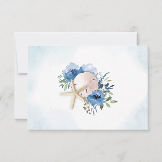 Blauw Bloemen Zand Dollar Strand Bruiloft Uitnodig Kaart (Achterkant)