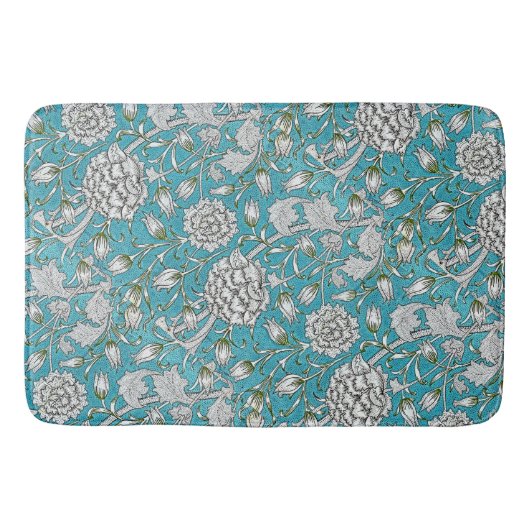 Blauw Bloemen Zilver Bladbloemen Badmat (Voorkant)