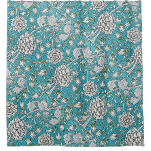Blauw Bloemen Zilver Bladbloemen Douchegordijn