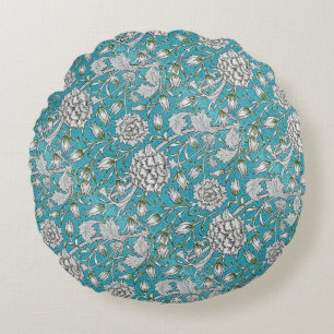  Blauw Bloemen Zilver Bladbloemen Rond Kussen