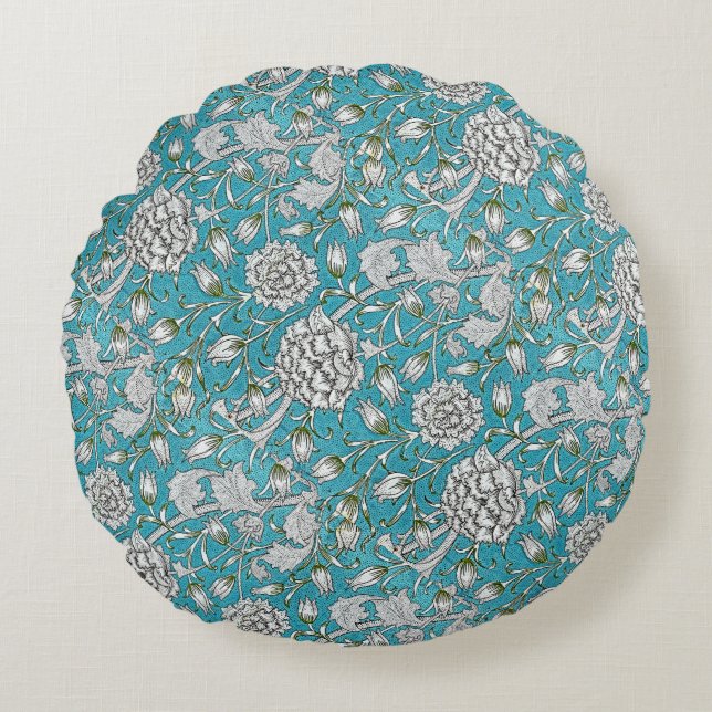  Blauw Bloemen Zilver Bladbloemen Rond Kussen (Voorkant)