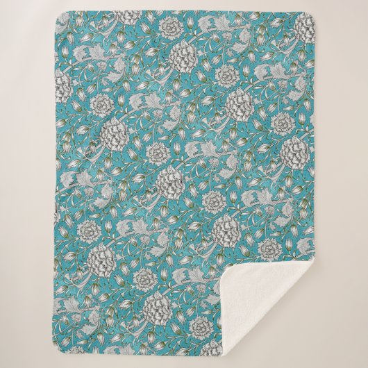  Blauw Bloemen Zilver Bladbloemen Sherpa Deken (Voorkant)