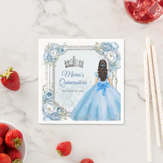 Blauw Bloemen Zilveren Kroon Quinceañera Papier Servet (Insitu)