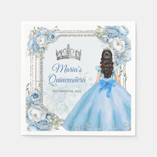 Blauw Bloemen Zilveren Kroon Quinceañera Papier Servet (Voorkant)
