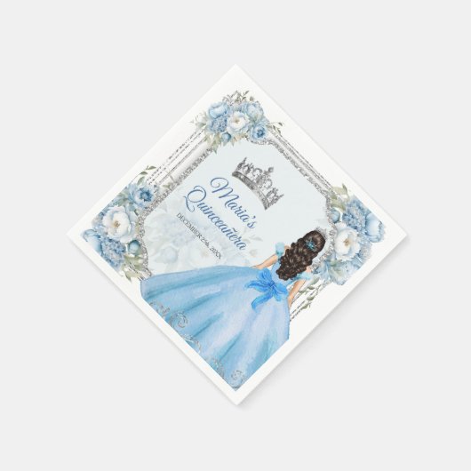 Blauw Bloemen Zilveren Kroon Quinceañera Papier Servet (Hoek)