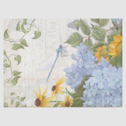 Blauw Bloemen Zonnebloem W Dragonfly N Script Tissuepapier (Voorkant)
