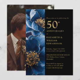 Blauw Bloemen Zwart en Goud 50e Jubileum Foto Kaart