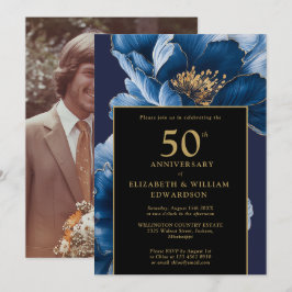 Blauw Bloemen Zwart en Goud 50e Jubileum Foto Kaart