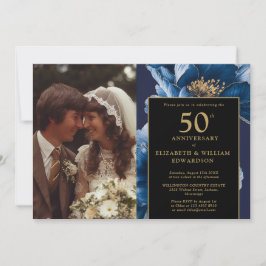 Blauw Bloemen Zwart en Goud 50e Jubileum Foto Kaart