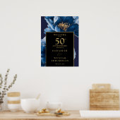 Blauw Bloemen Zwart en Goud 50ste Jubileum Teken Poster (Keuken)