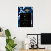 Blauw Bloemen Zwart en Goud 50ste Jubileum Teken Poster (Thuiskantoor)