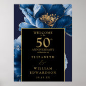 Blauw Bloemen Zwart en Goud 50ste Jubileum Teken Poster (Voorkant)