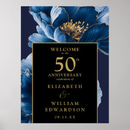 Blauw Bloemen Zwart en Goud 50ste Jubileum Teken Poster