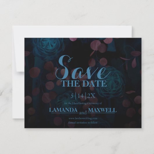 Blauw Bloemen Zwart Gotisch Bruiloft Save The Date (Voorkant)