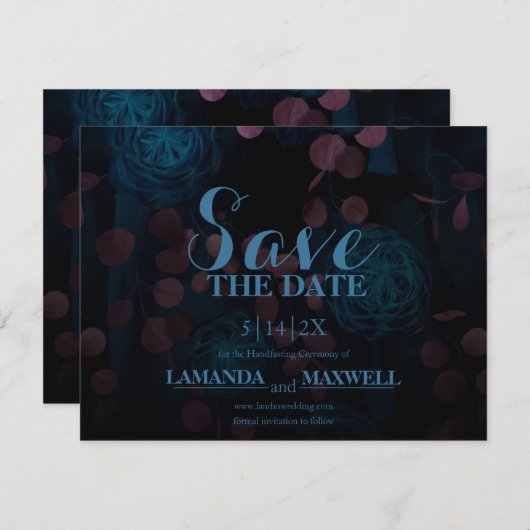 Blauw Bloemen Zwart Gotisch Bruiloft Save The Date (Voorkant / Achterkant)