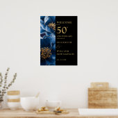 Blauw Bloemen Zwart Goud 50e Jubileum Teken Poster (Keuken)