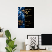 Blauw Bloemen Zwart Goud 50e Jubileum Teken Poster (Thuiskantoor)