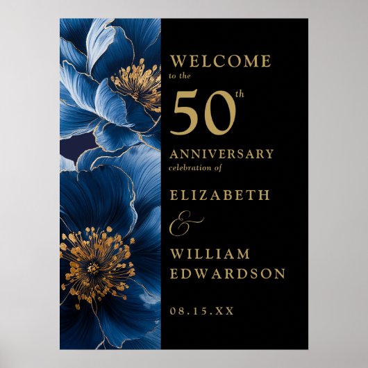 Blauw Bloemen Zwart Goud 50e Jubileum Teken Poster (Voorkant)