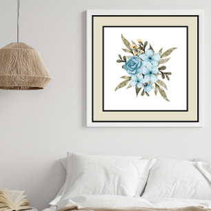 Blauw Bloemen Zwart Lijnen Bord Beige Border Poster