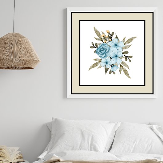  Blauw Bloemen Zwart Lijnen Bord Beige Border Poster